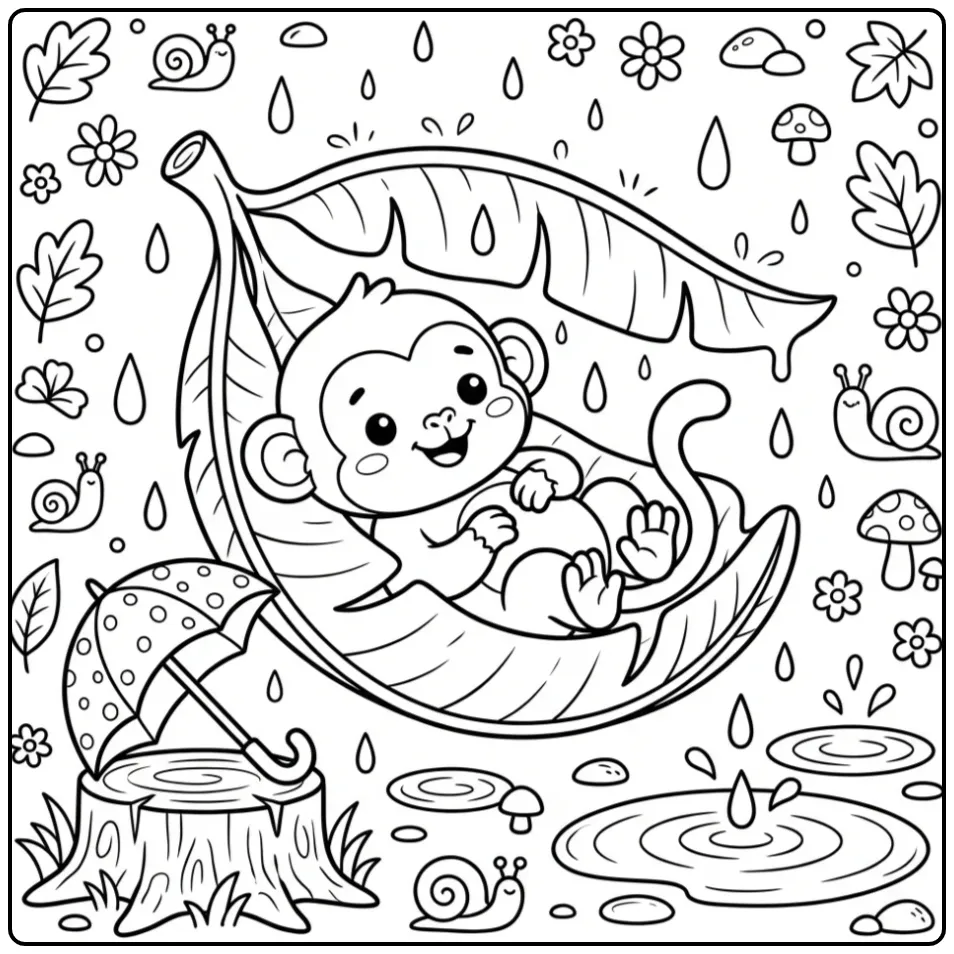 Cute monkey coloring page under a large banana leaf