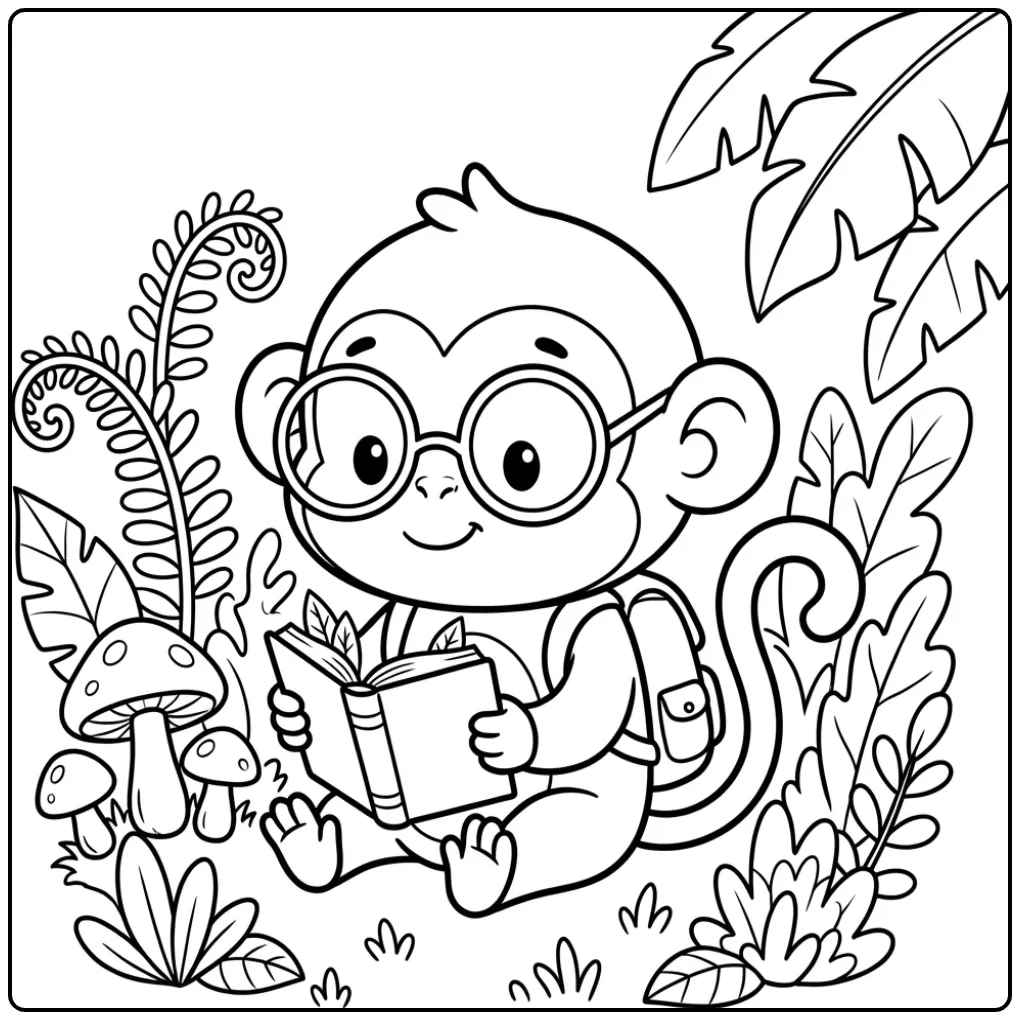 Cute monkey coloring page with glasses and a book