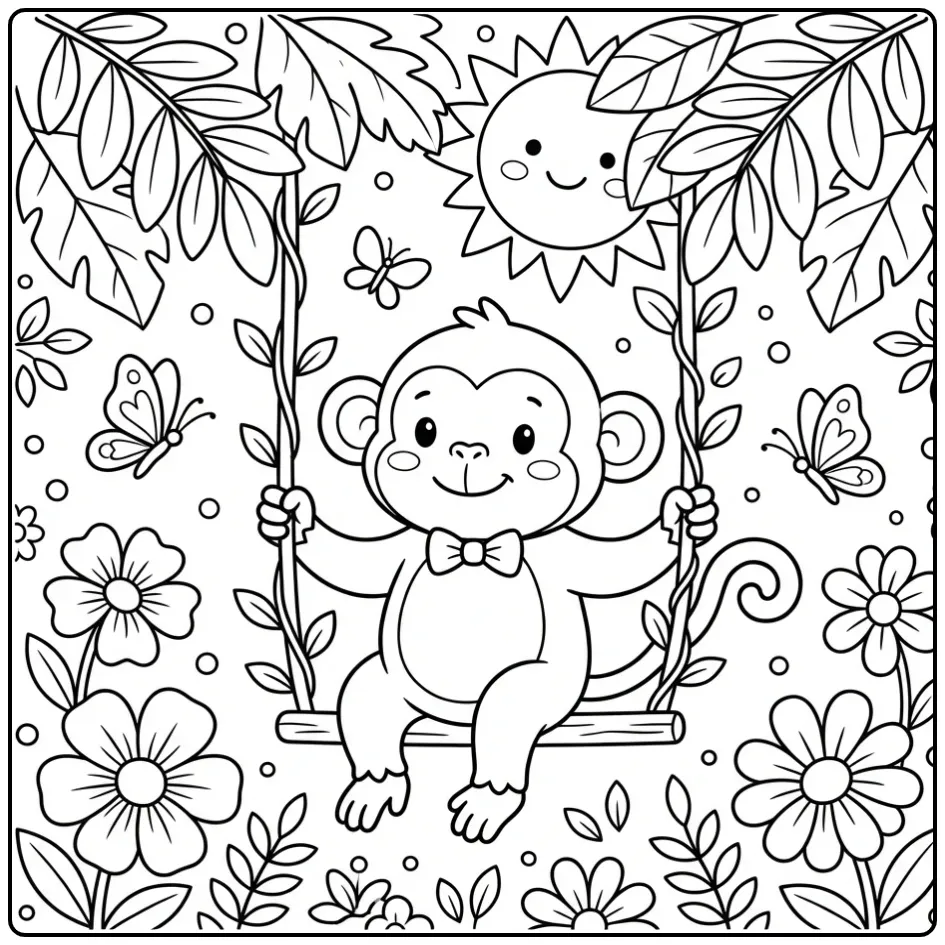 Cute monkey coloring page on a swing with flowers