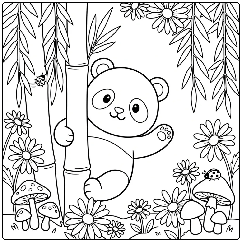 Cute baby panda coloring page waving behind bamboo