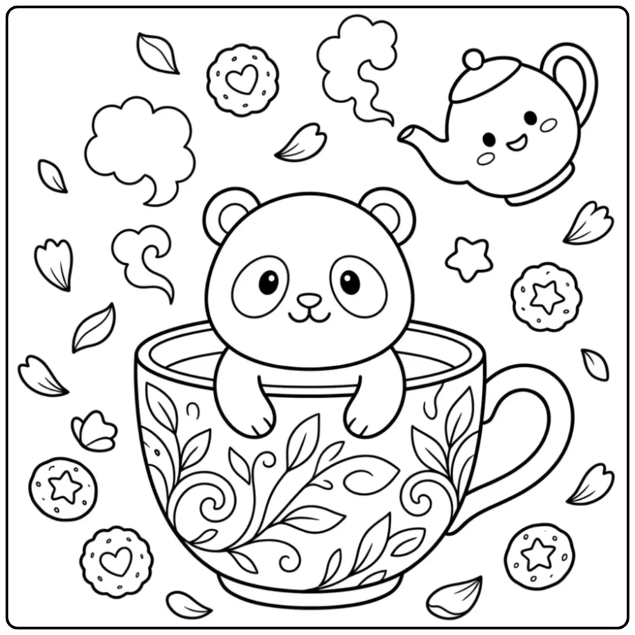 Cute baby panda coloring page in a teacup with cookies
