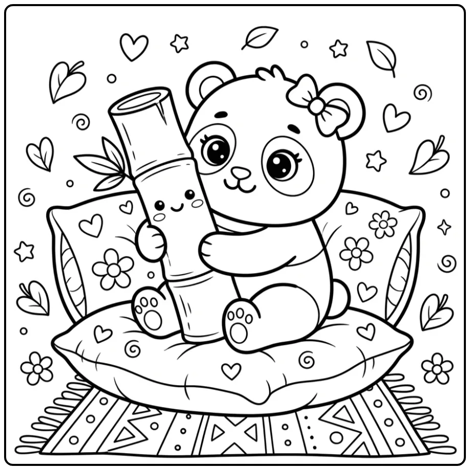 Cute baby panda coloring page with a bamboo plush