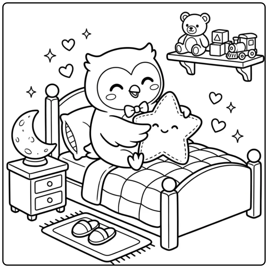 Cute little owls coloring page with a star pillow