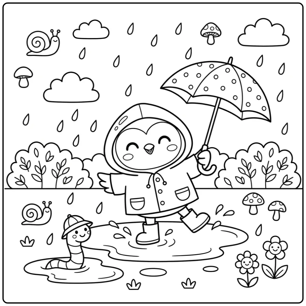 Cute little owls coloring page in rain boots with an umbrella