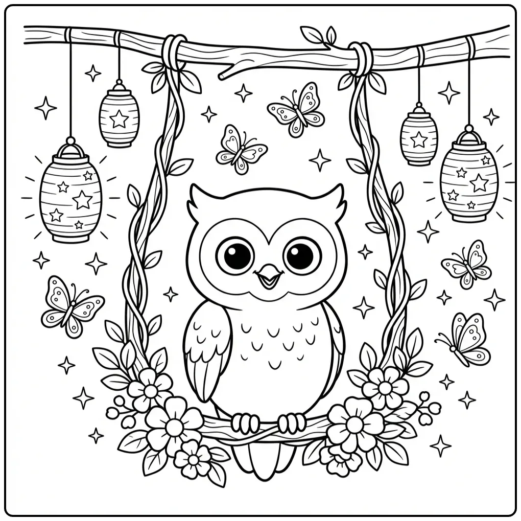 Cute little owls coloring page on a swing