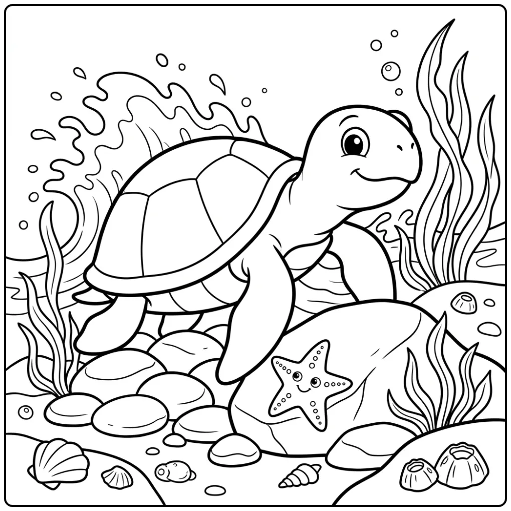 Turtle coloring page on a rocky beach with a starfish