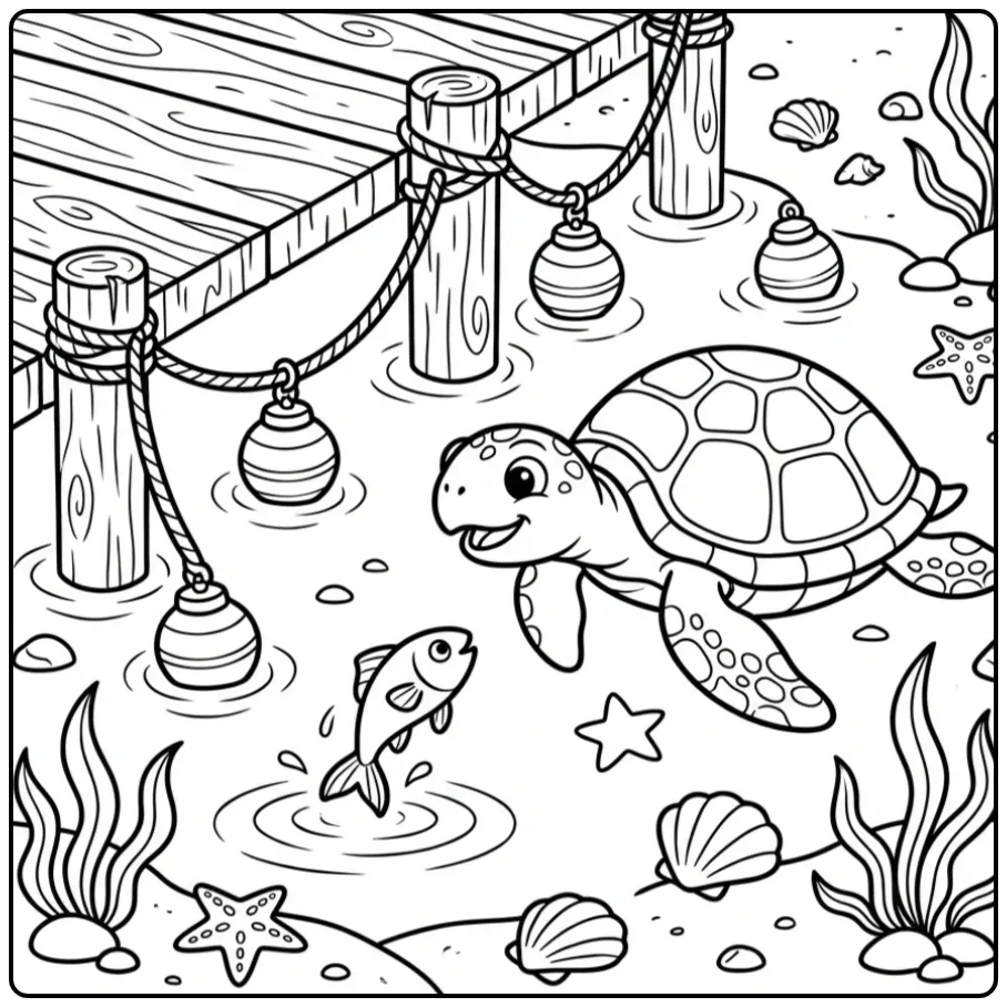 Sea turtle coloring page swimming near lanterns by a pier