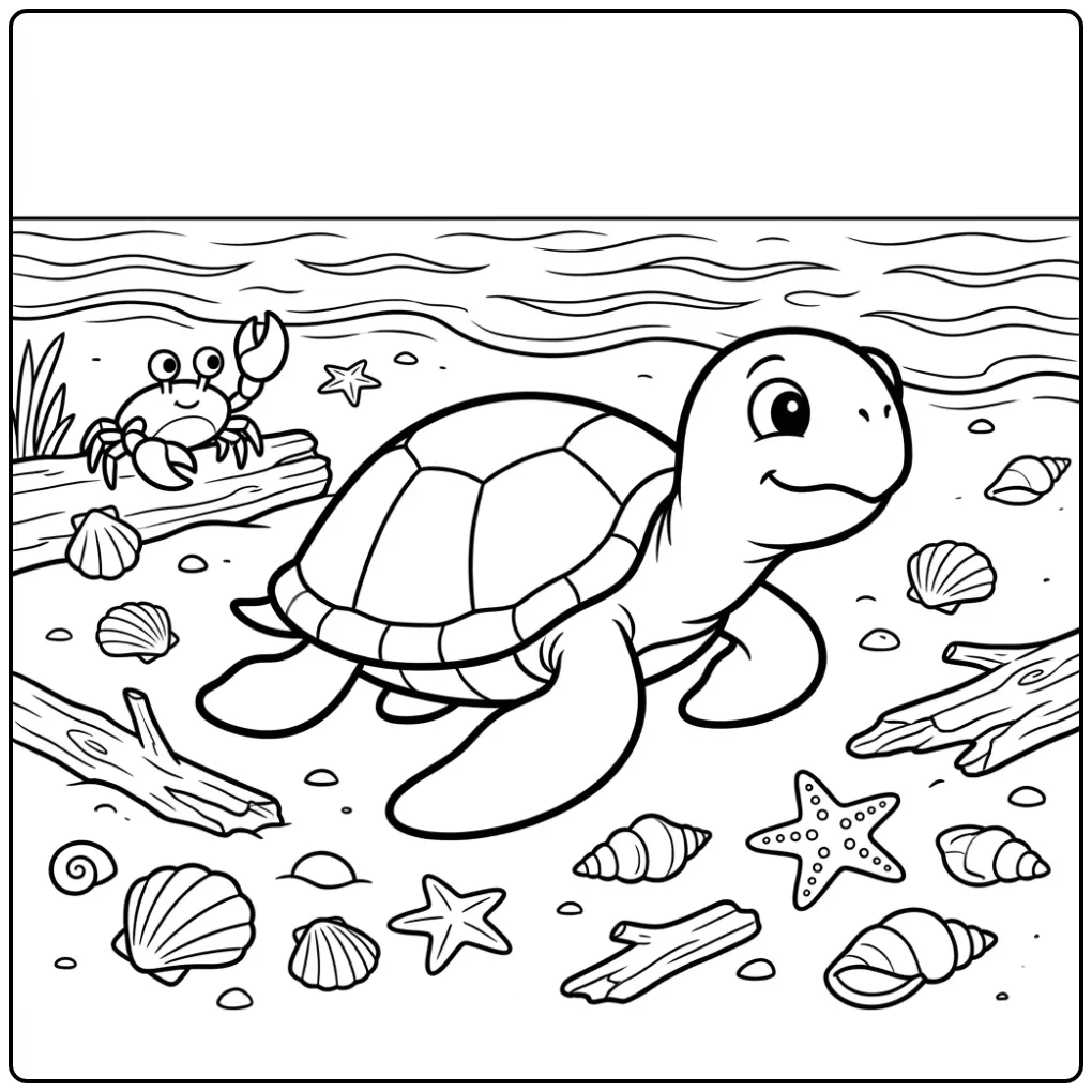 Turtle coloring page on the beach with a small crab