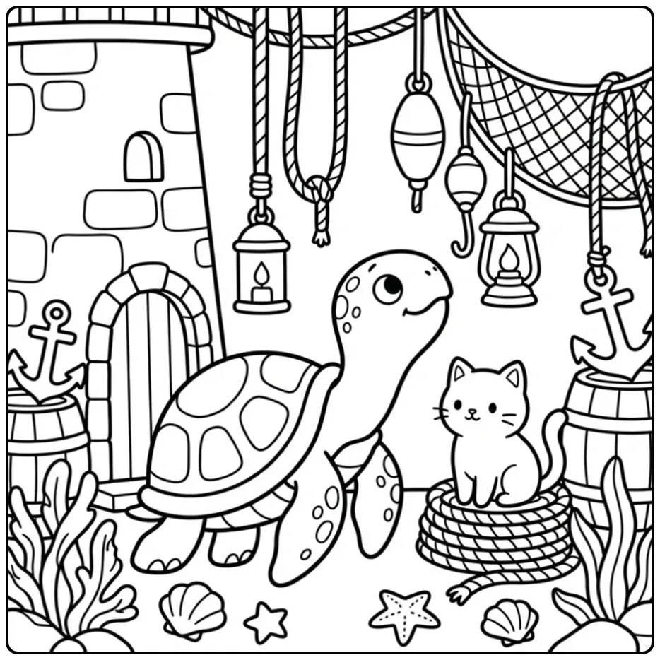 Turtle coloring page by a lighthouse with a cat