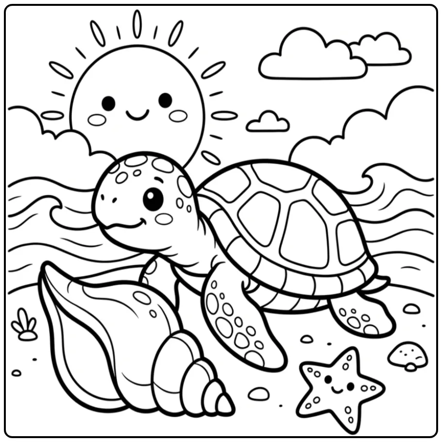 Easy turtle coloring page on a beach with a shell