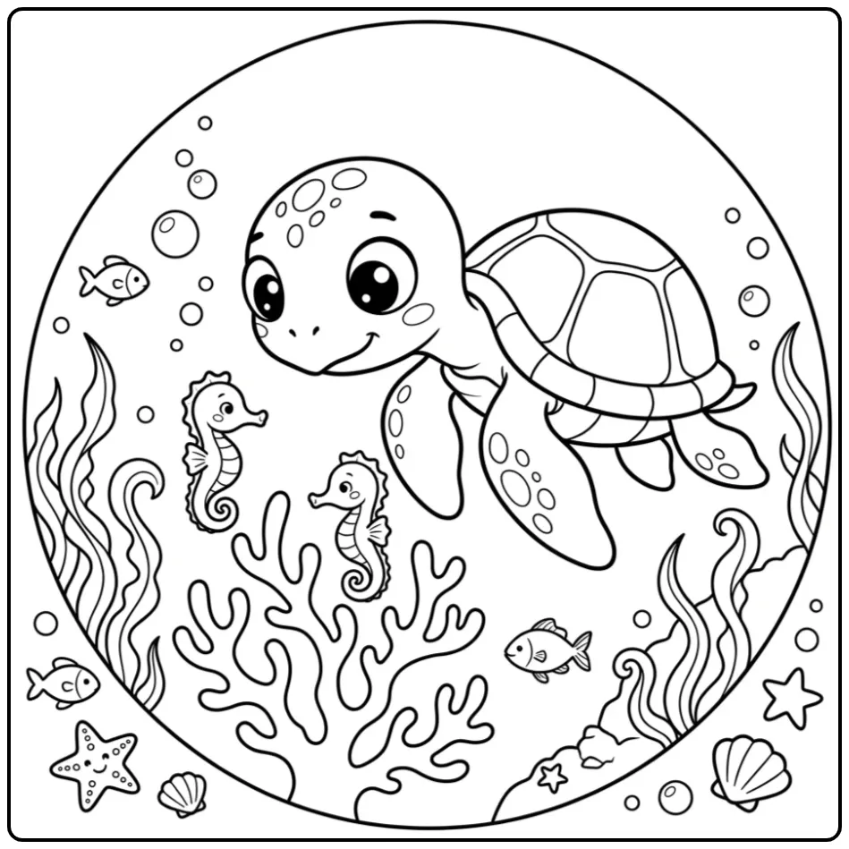 Underwater turtle coloring page watching seahorses