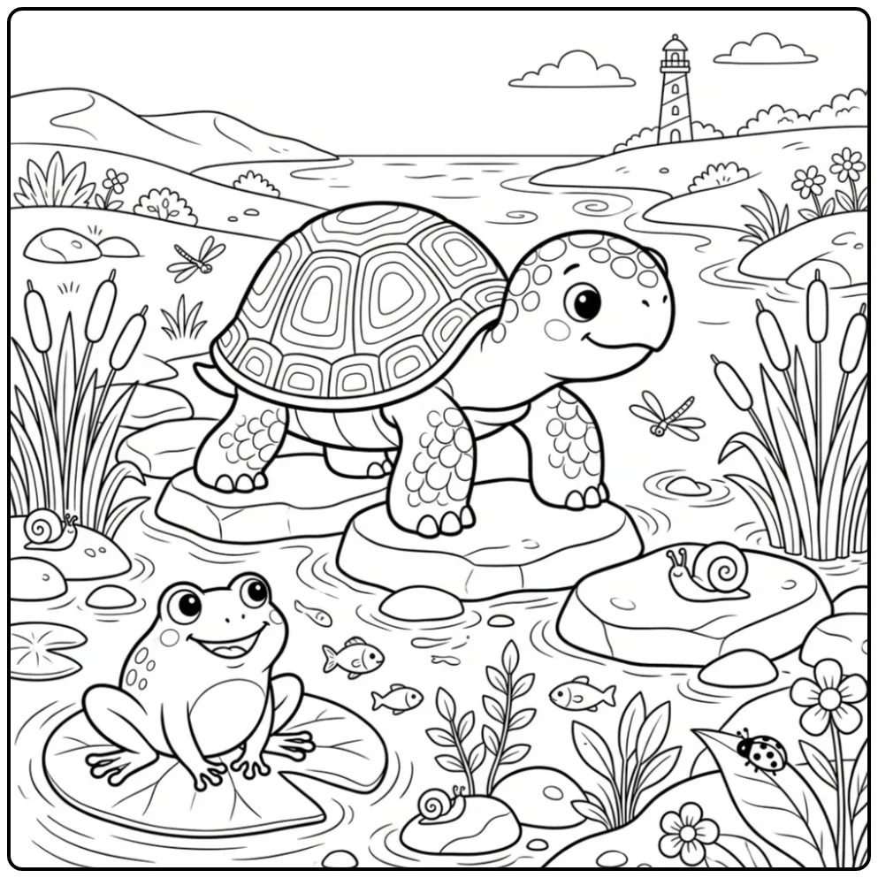 Turtle coloring page crossing stepping stones by water