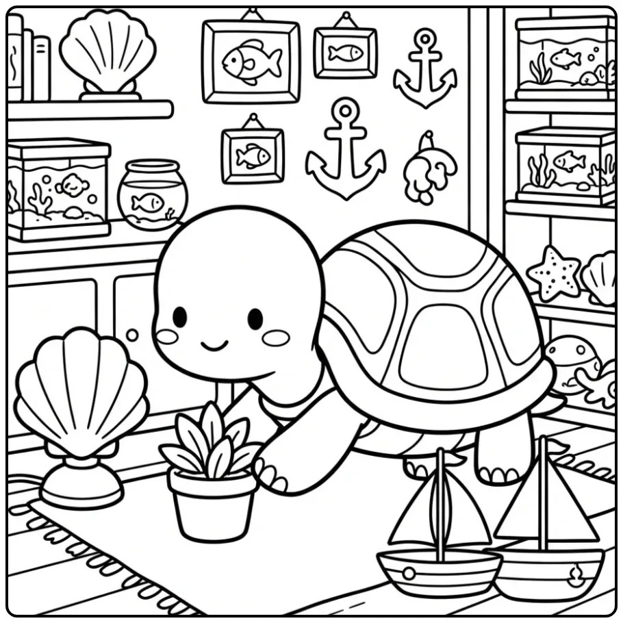 Turtle coloring page inside a cozy room