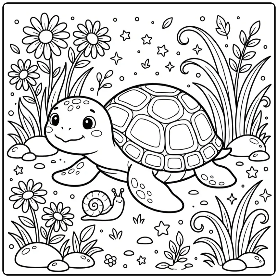 Cute turtle coloring page with a little snail