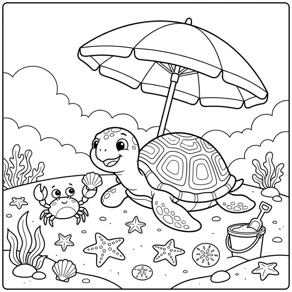 Cute turtle coloring page under a parasol on the beach