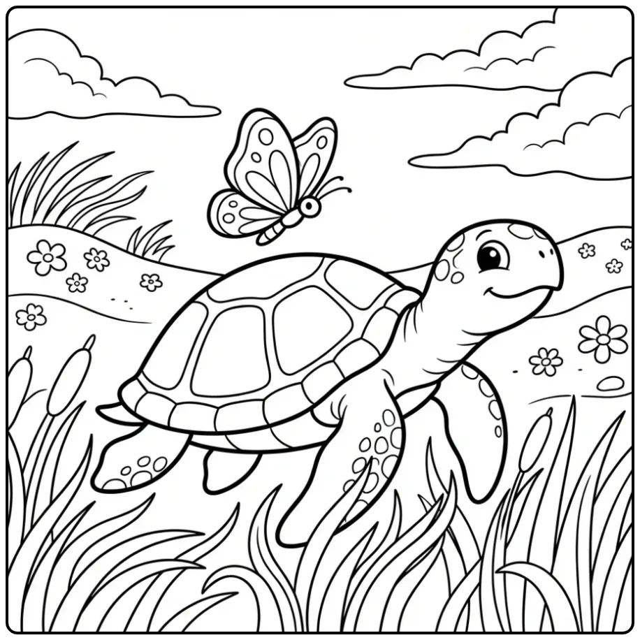 Turtle coloring page in dunes with a butterfly