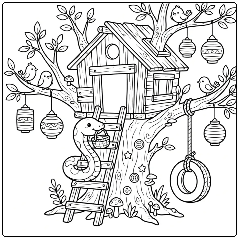 Snake coloring page featuring a snake climbing to a treehouse