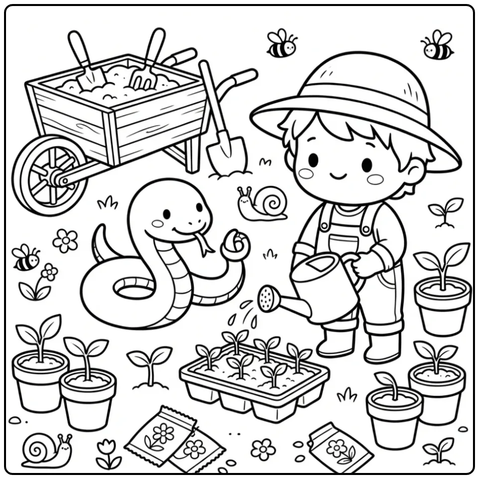 Snake coloring page showing a snake helping in the garden