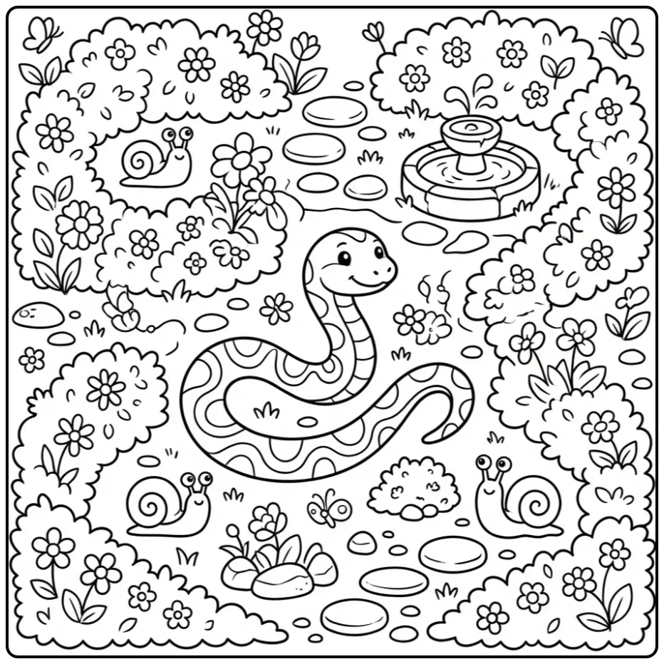 Snake coloring page showing a snake in a garden maze with snails