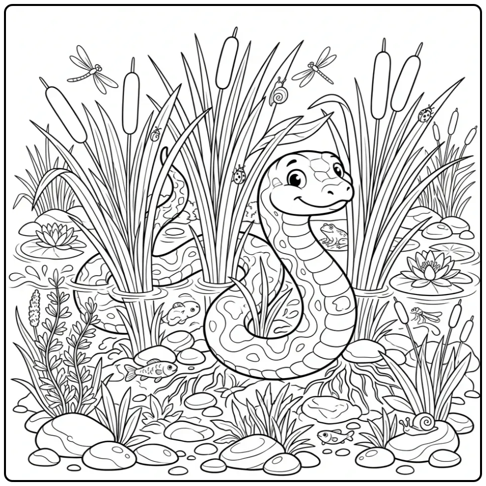 Advanced snake coloring page featuring a snake among reeds by the river