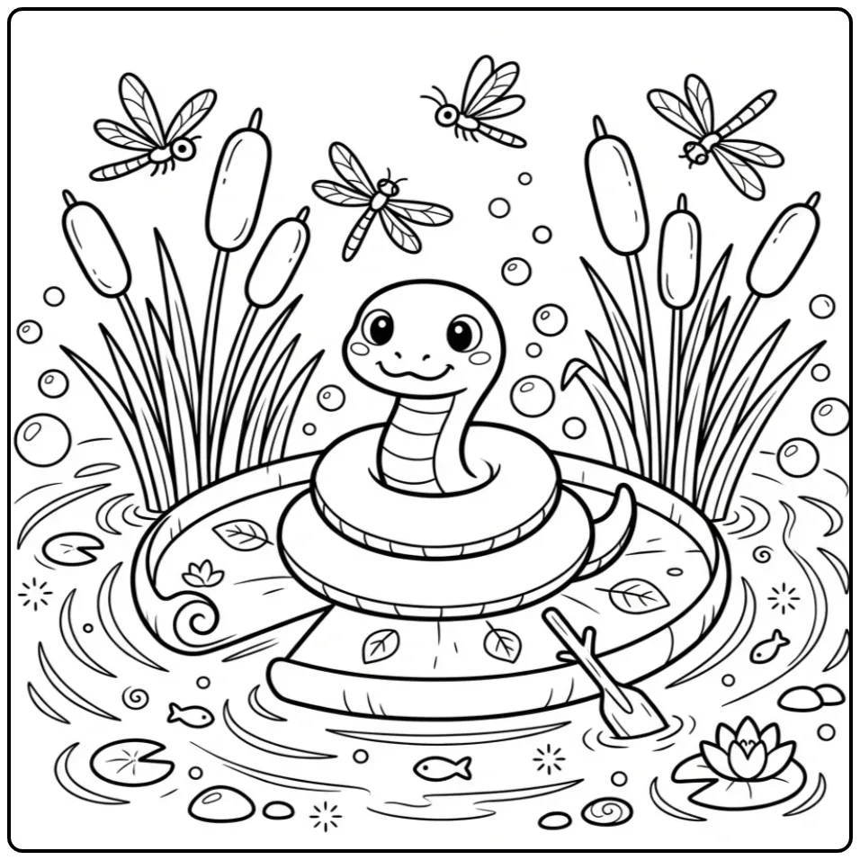Snake coloring page featuring a snake floating on a lily pad