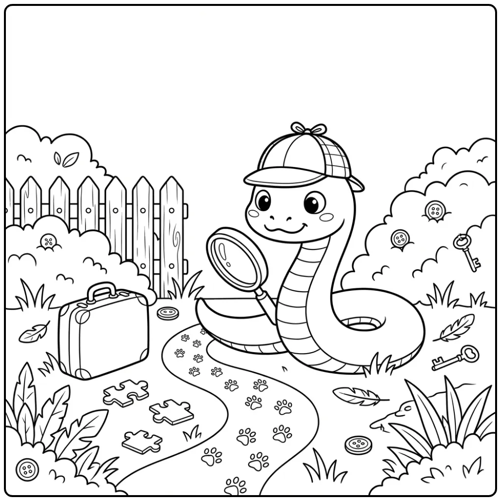 Snake coloring page featuring a detective snake with a magnifying glass