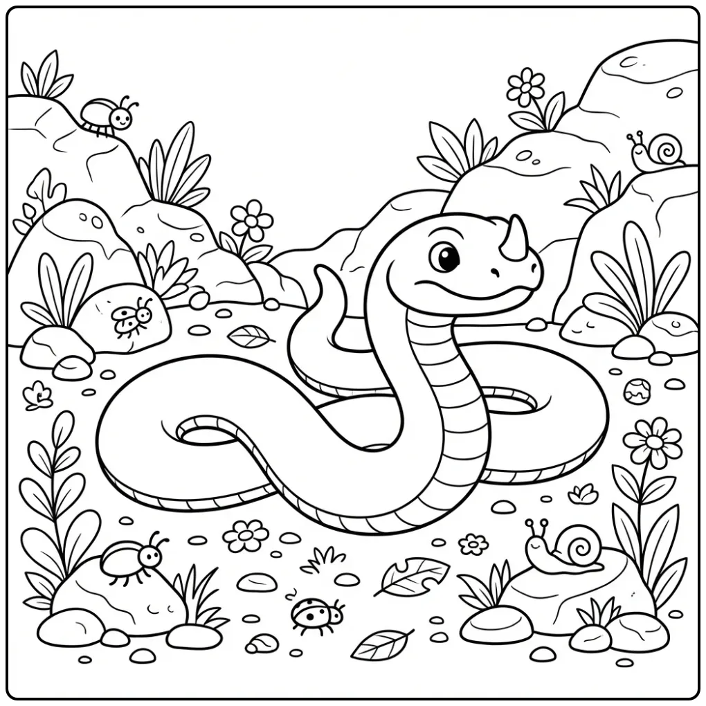 Snake coloring page showing an adder on the rocks