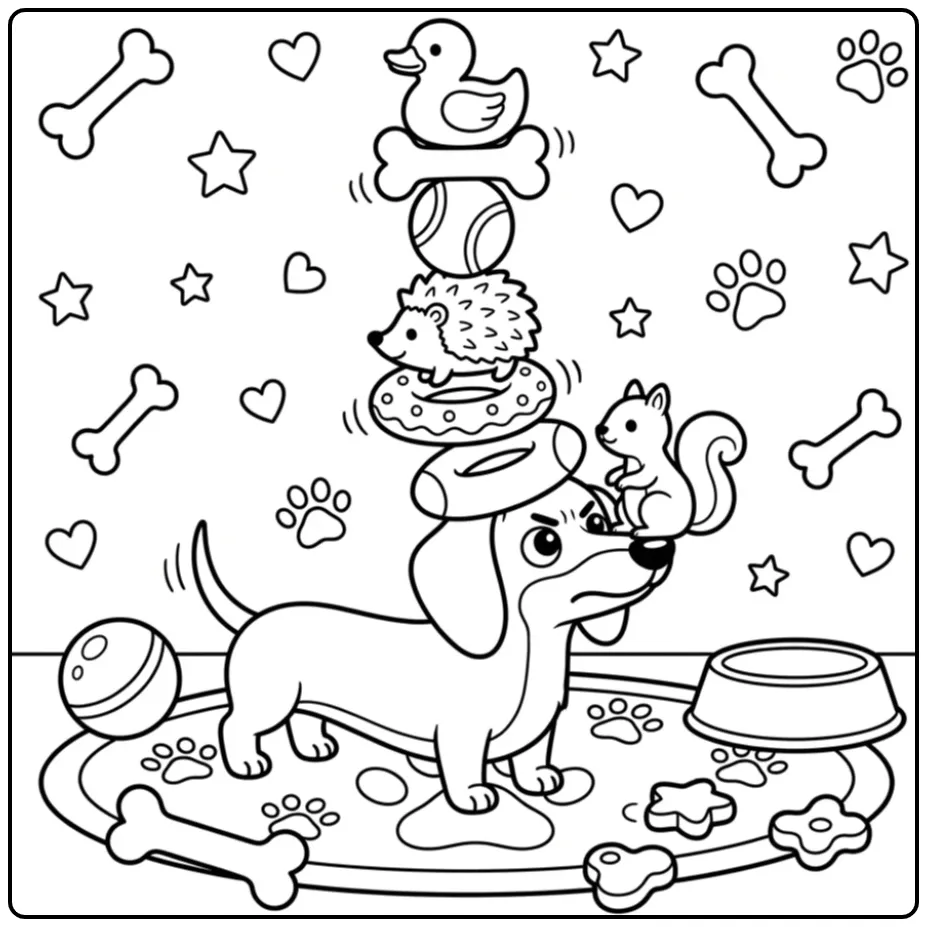 Dachshund Balancing Toys on Its Nose coloring page