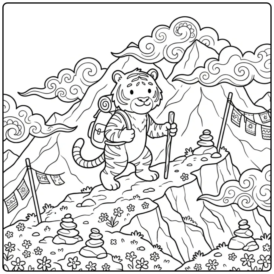 Tiger coloring page walking on a mountain ridge