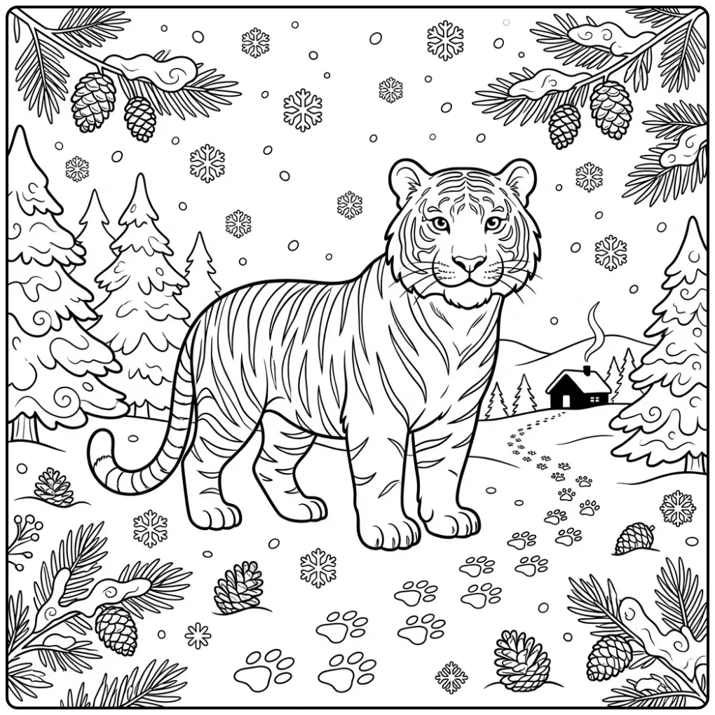 Winter tiger coloring page in a snowy pine forest