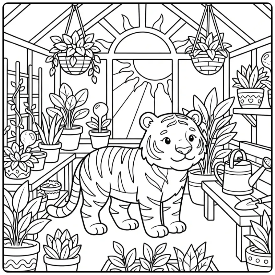 Tiger coloring page in a greenhouse with plants