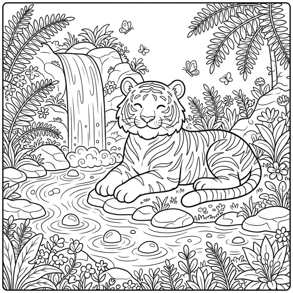Difficult tiger coloring page by a jungle waterfall