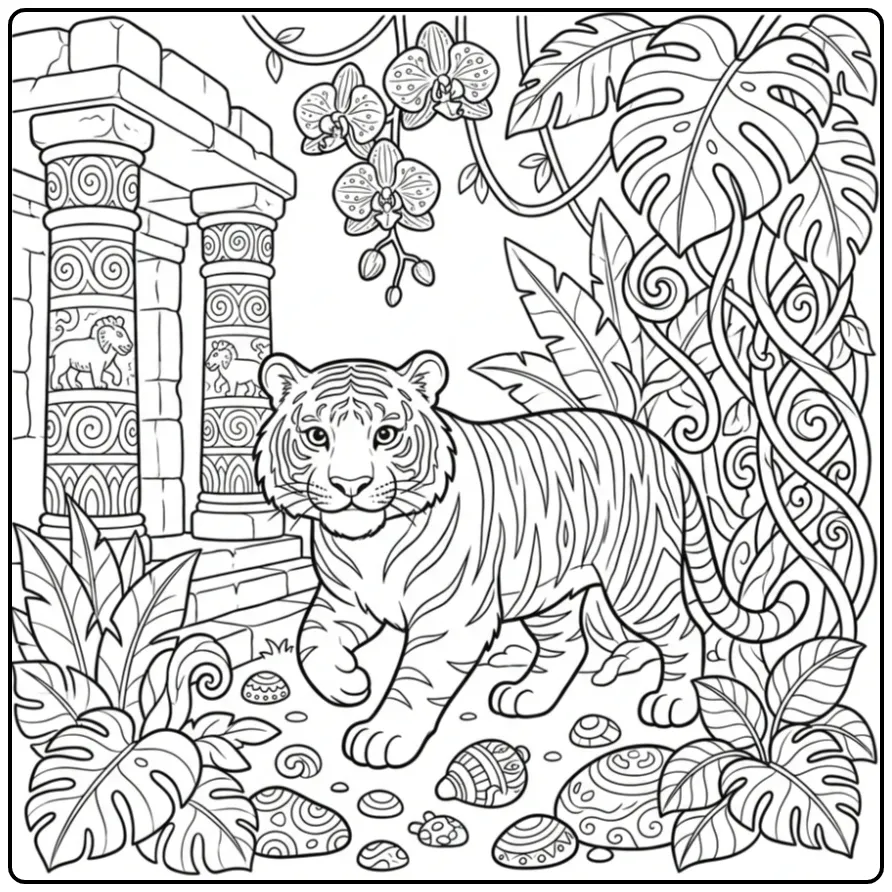 Difficult tiger coloring page in the jungle