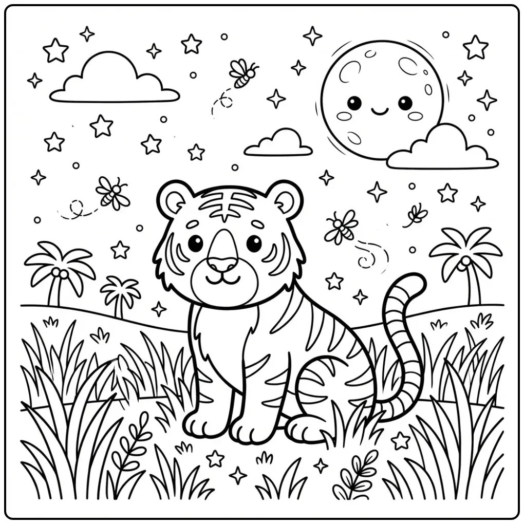Tiger coloring page in grass under moonlight