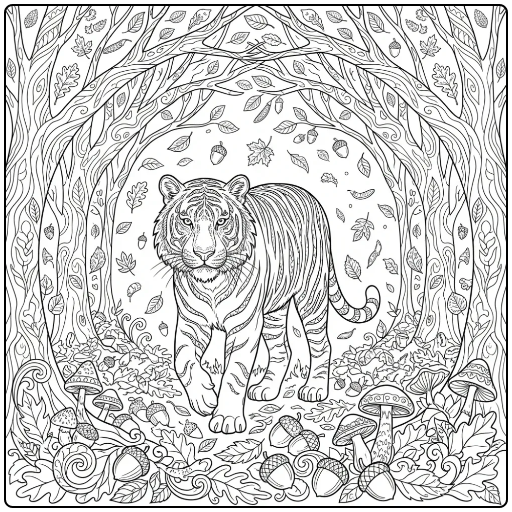 Adult tiger coloring page in an autumn forest