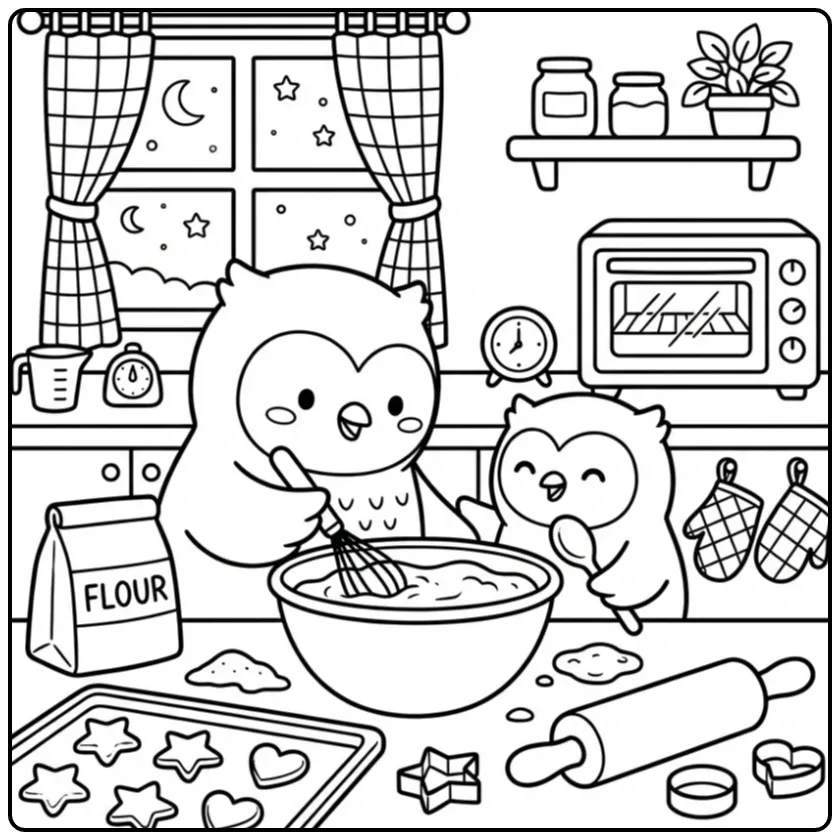 Owl coloring page with two little owls baking together