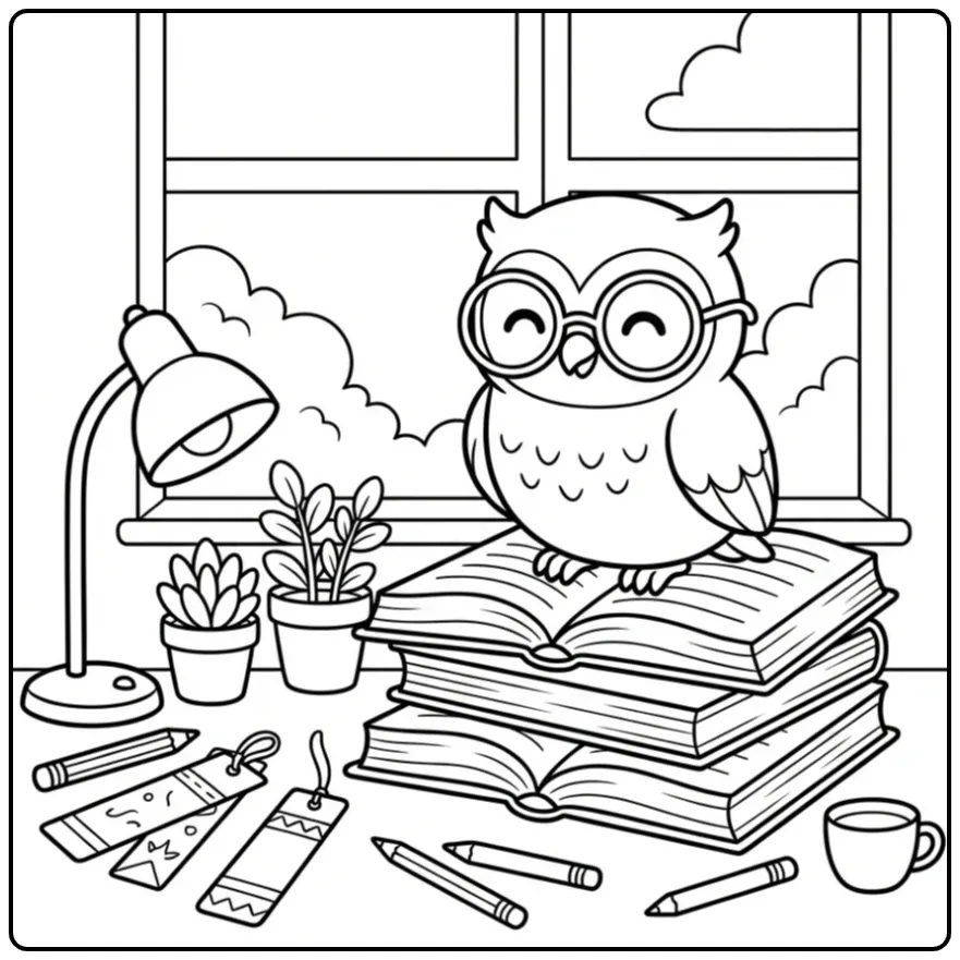 Owl coloring page with glasses on a stack of books