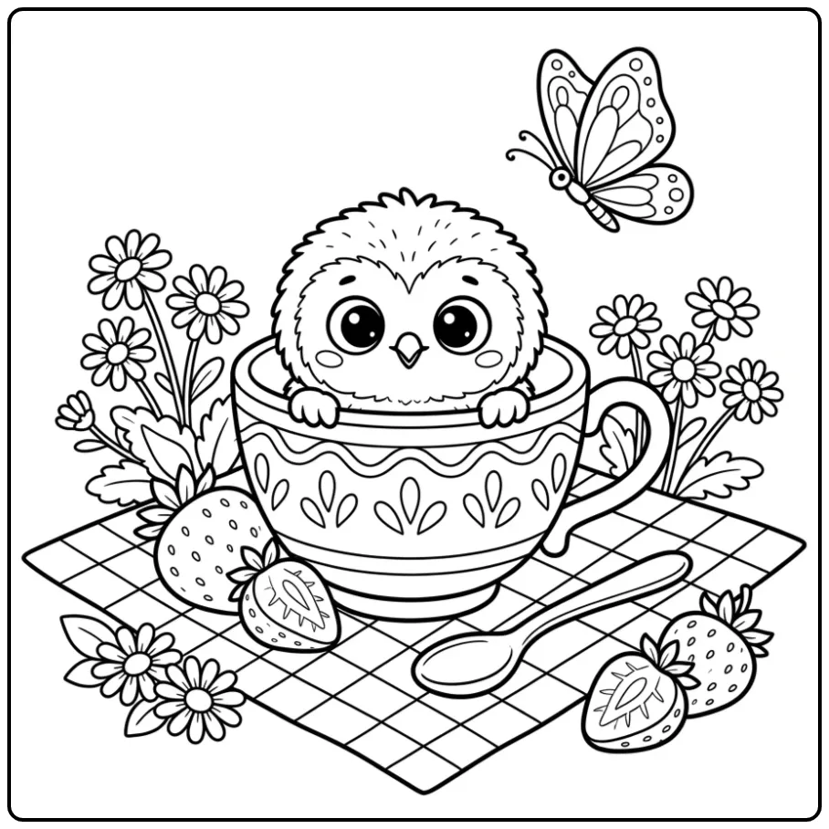 Little owl coloring page in a teacup with strawberries