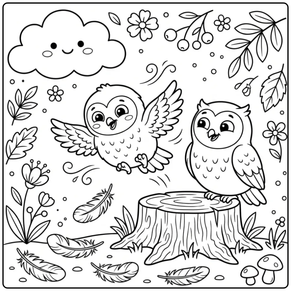Little owl coloring page learning to fly by a stump