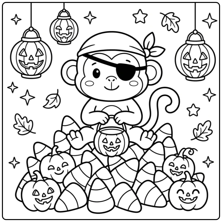 Halloween monkey coloring page with candy and pumpkins