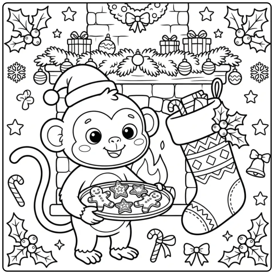 Christmas monkey coloring page with cookies and a stocking