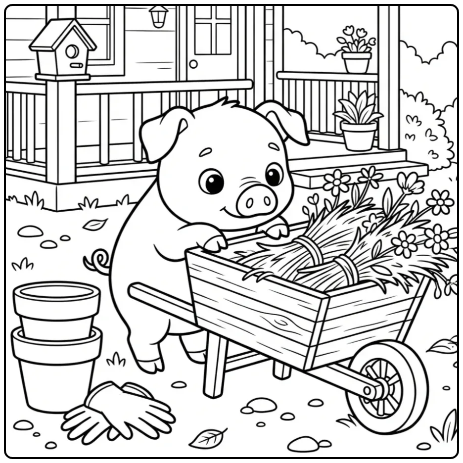 Pig coloring page by a wheelbarrow full of straw and flowers