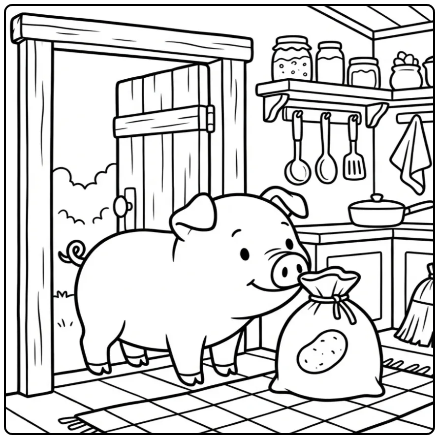 Pig coloring page smelling potatoes in a farm kitchen