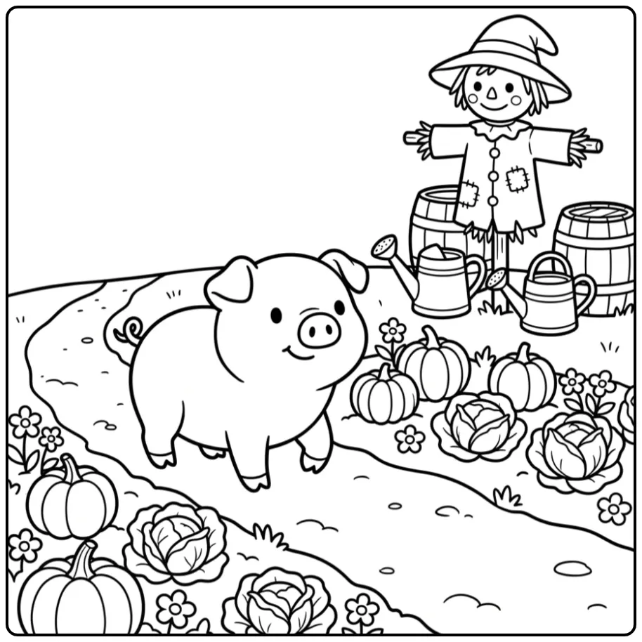 Pig coloring page walking past pumpkins and vegetables