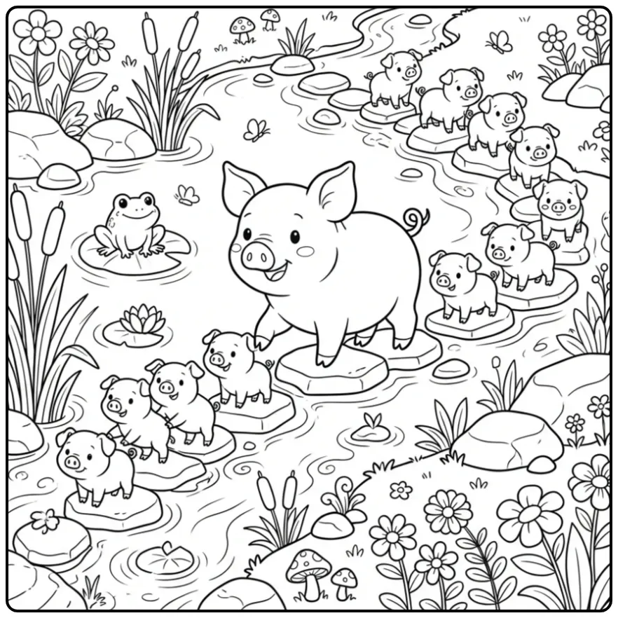 Pig with piglets coloring page on stepping stones