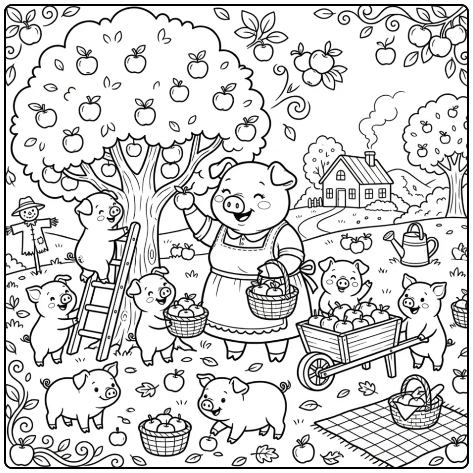 Pig with piglets coloring page by an apple tree