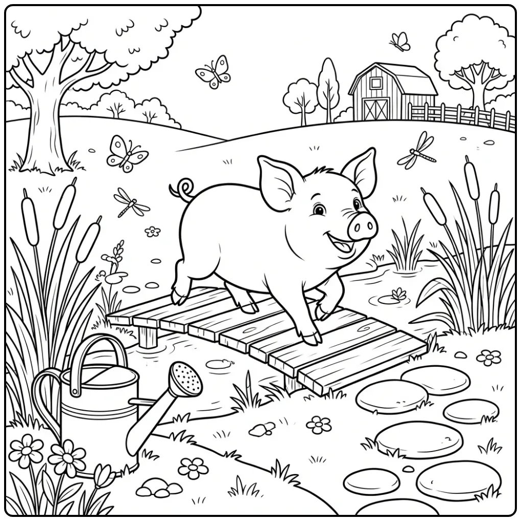 Pig coloring page by a small pond bridge