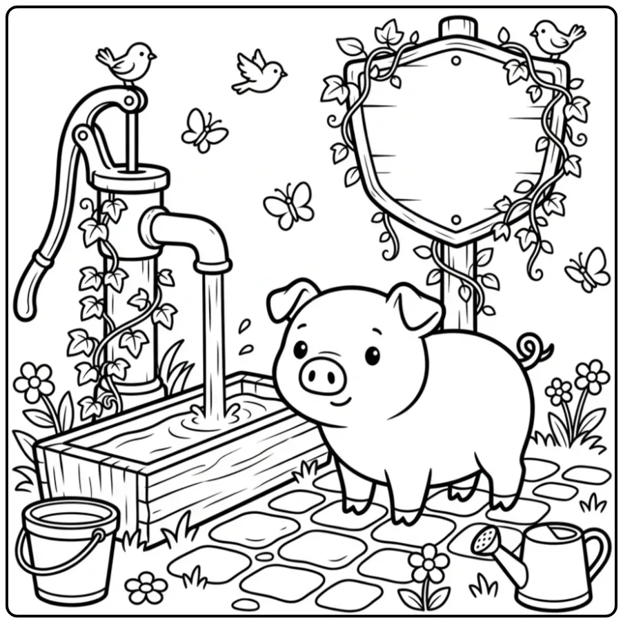 Pig coloring page by a water pump and stone trough