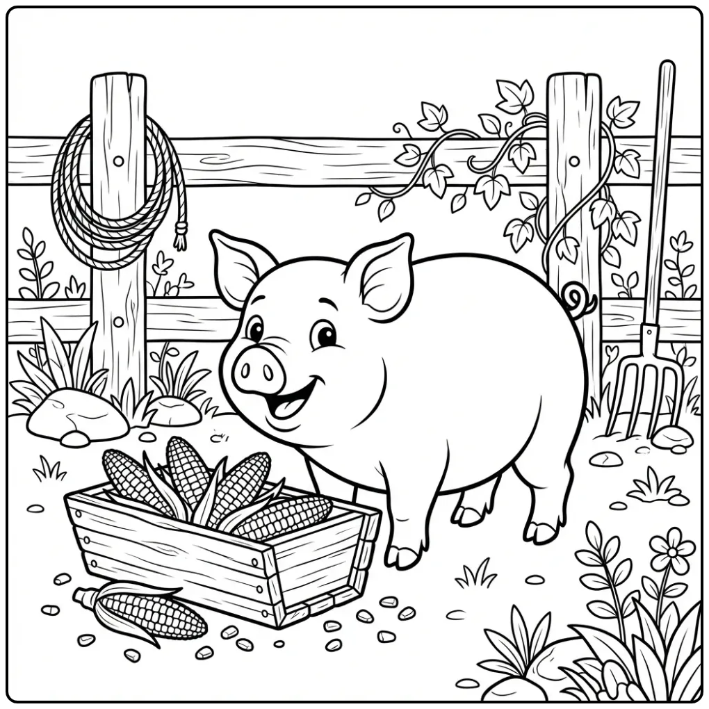Pig coloring page by a wooden corn trough
