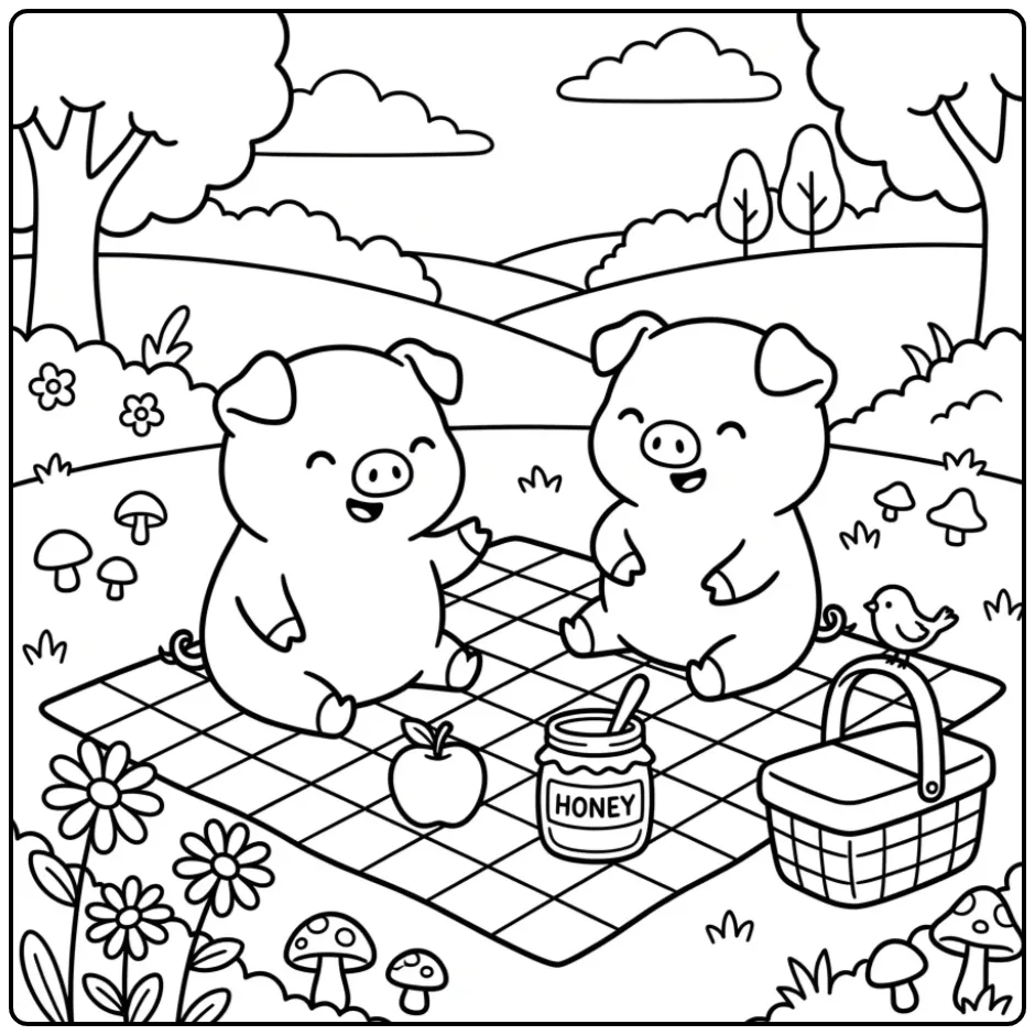 Pig coloring page with piglets having a picnic